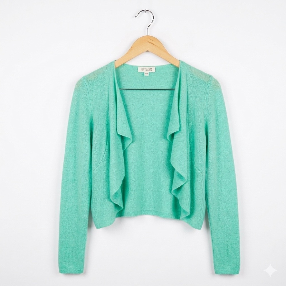 MSRP $325 Kinross 100%‎ Cashmere Ruffle Trim Cardigan Celadon Green Medium